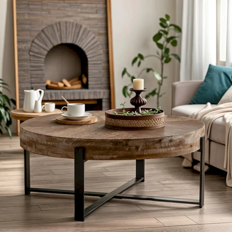 33.86  Modern Retro Splicing Wooden Round Coffee Table with Cross Legs Base