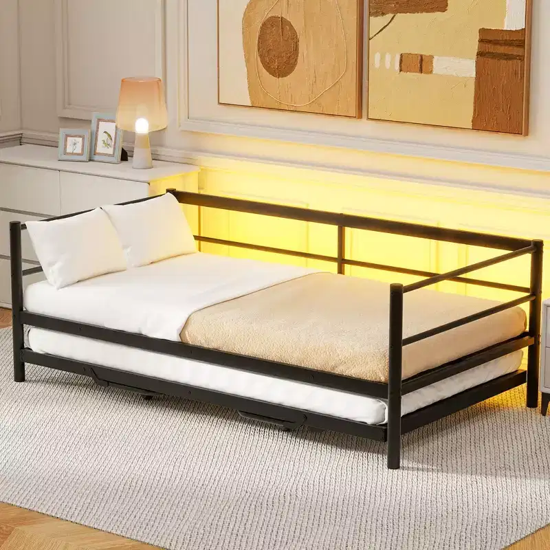 Twin Size Metal Daybed with Adjustable Trundle, Twin Daybed with LED light and Pop Up Trundle