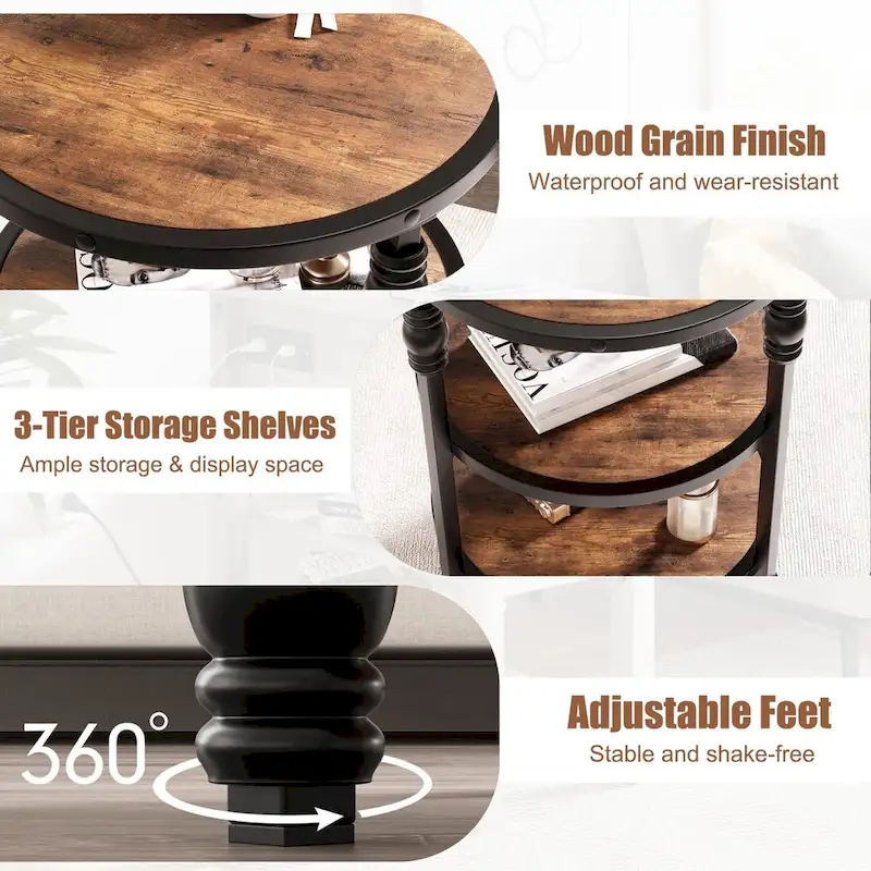 3-Tier Round Side Table with Wood Grain Finish
