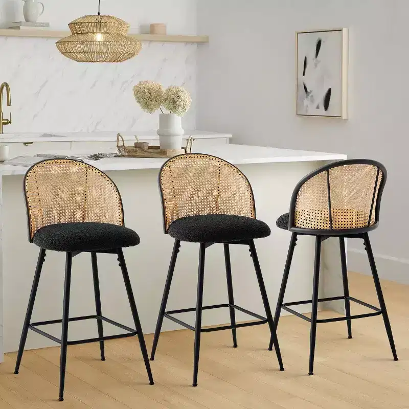 Bekrvio 29 Mid-Century Modern Swivel Bar Stools Set of 2/3/4, Boucle Upholstered Bar Chairs with Rattan Back & Metal Legs for Kitchen Counter