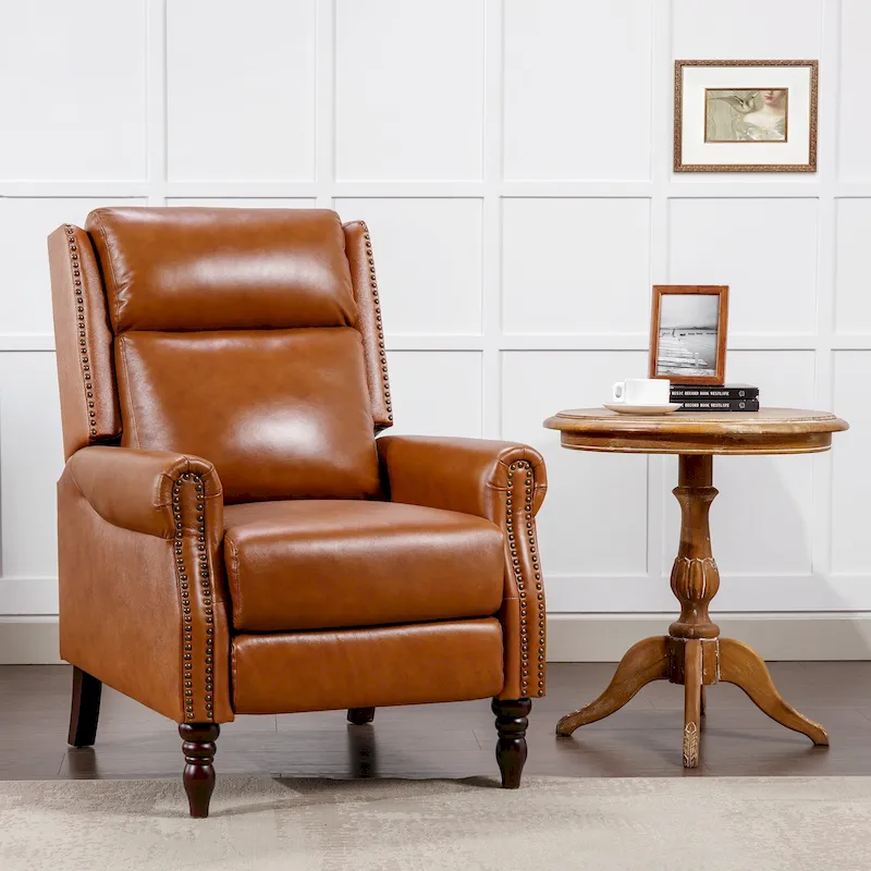 Camel / Red Brown / Blue Genuine Leather Push-Back Recliner with Rivet Detail, Single
