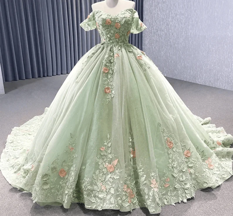 Sage Green Off The Shoulder Lace Up Back Ball Gown Quinceanera Dress