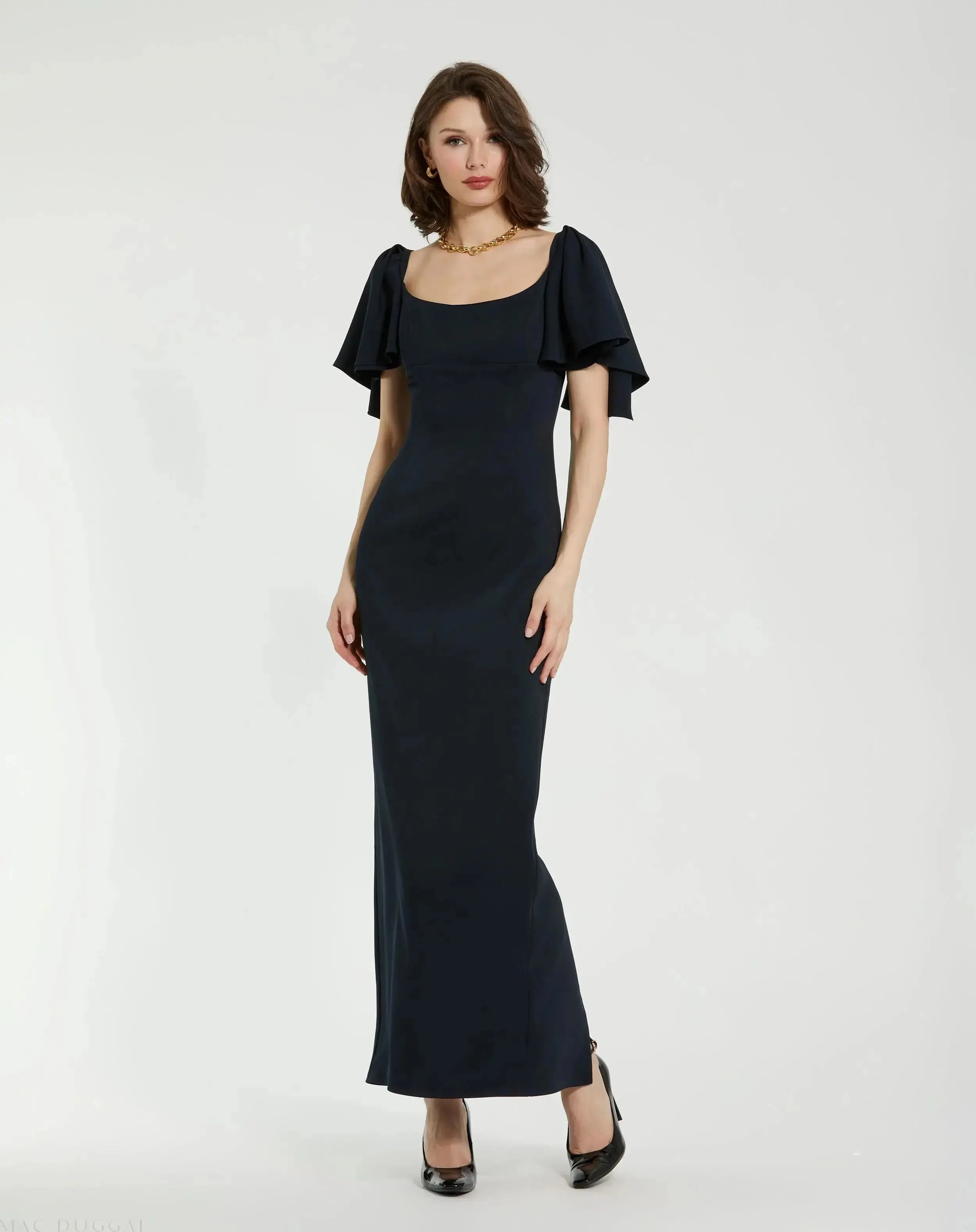 Crepe Fitted Long Dress With Short Ruffle Sleeves