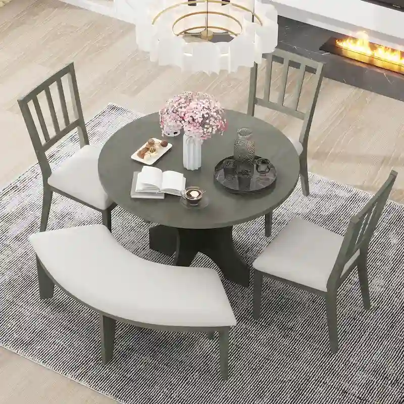 Modern Country Dining Table and Chair Sets Multi-Functional Dining Table and Chair Sets with Curved Table Base and Curved Bench