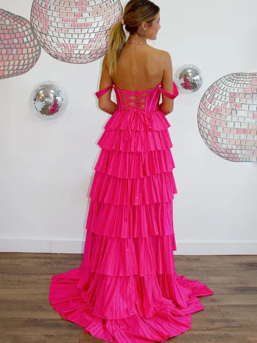 A Line Off-the-Shoulder Satin Tiered Long Prom Dresses With Beads