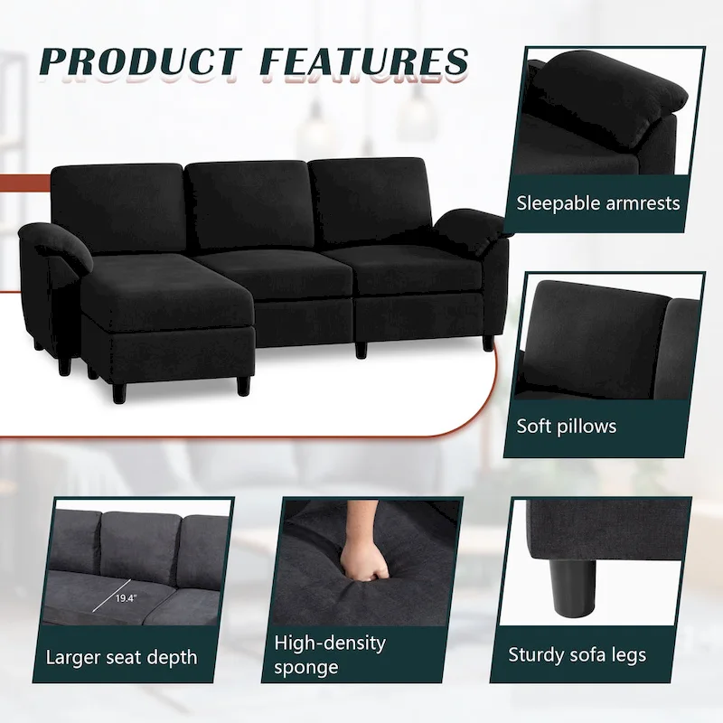 Futzca Sectional Sofa Couch, 3 Seat L Shaped Sofa with Removable Pillows
