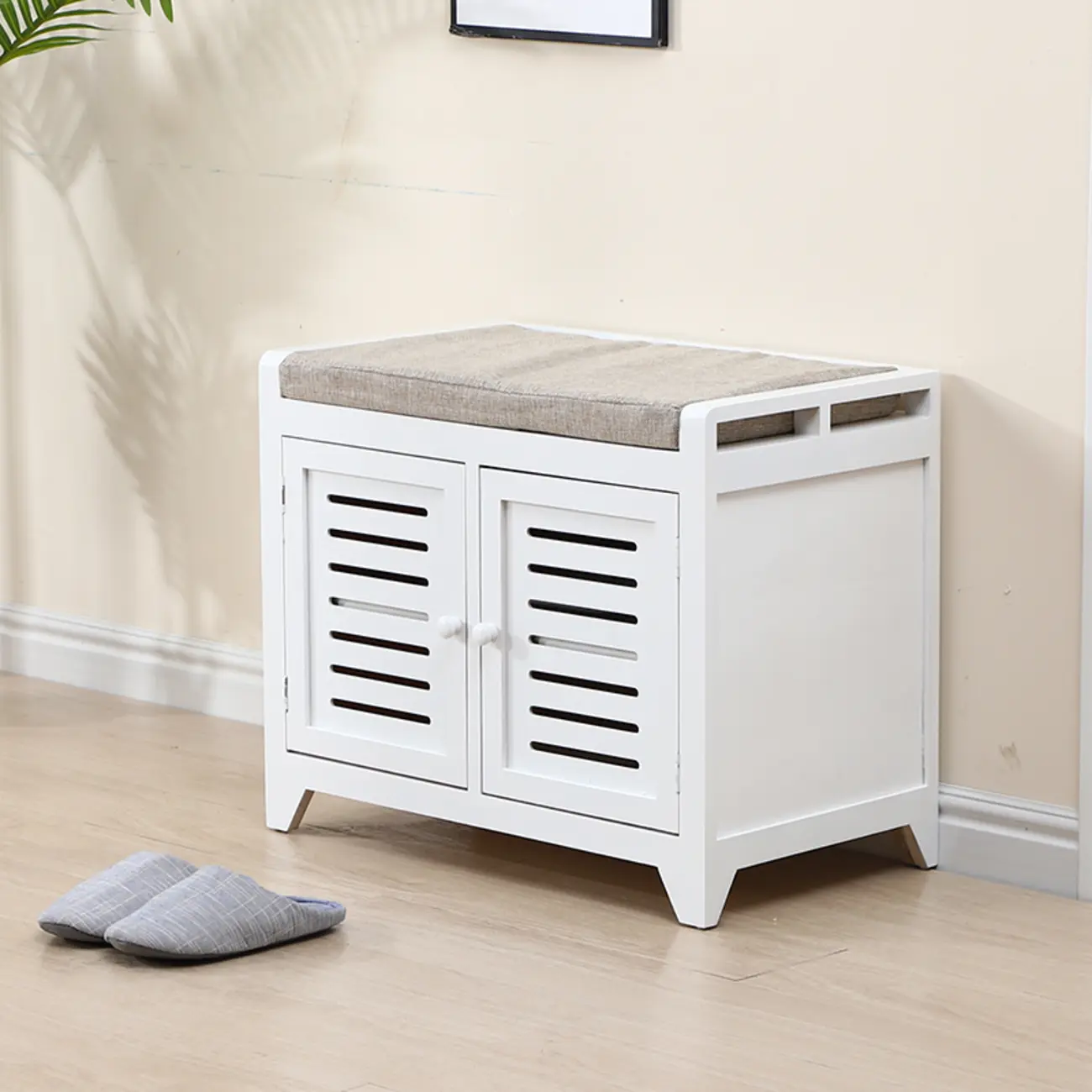 Entryway Wooden Cushioned Shoe Bench with Cabinet
