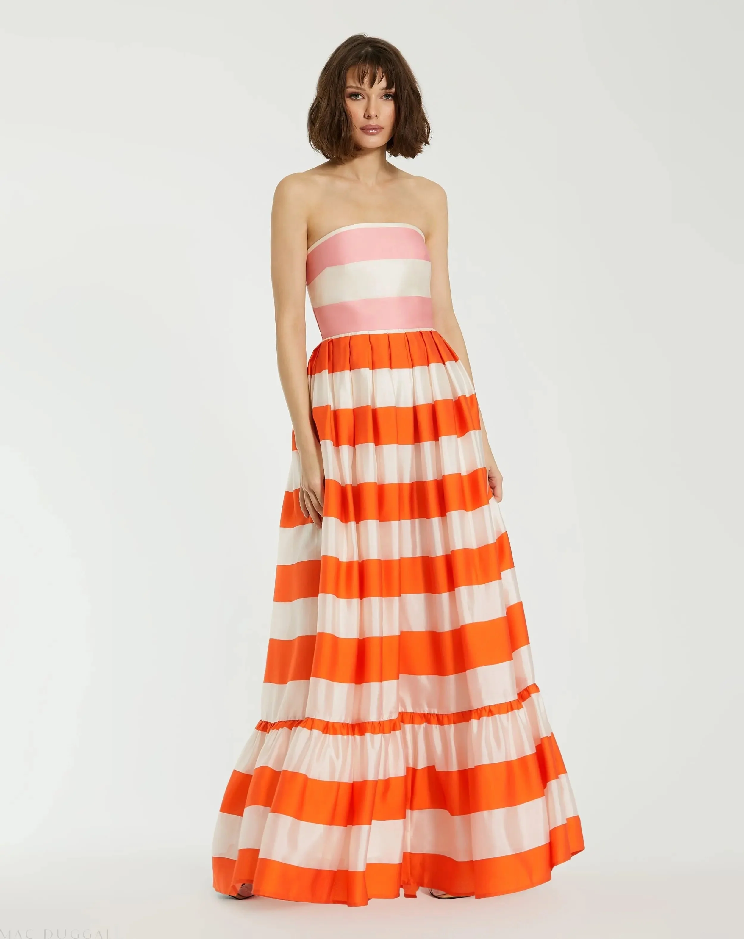 Multicolor Striped Organza Strapless Ruffle Maxi Dress