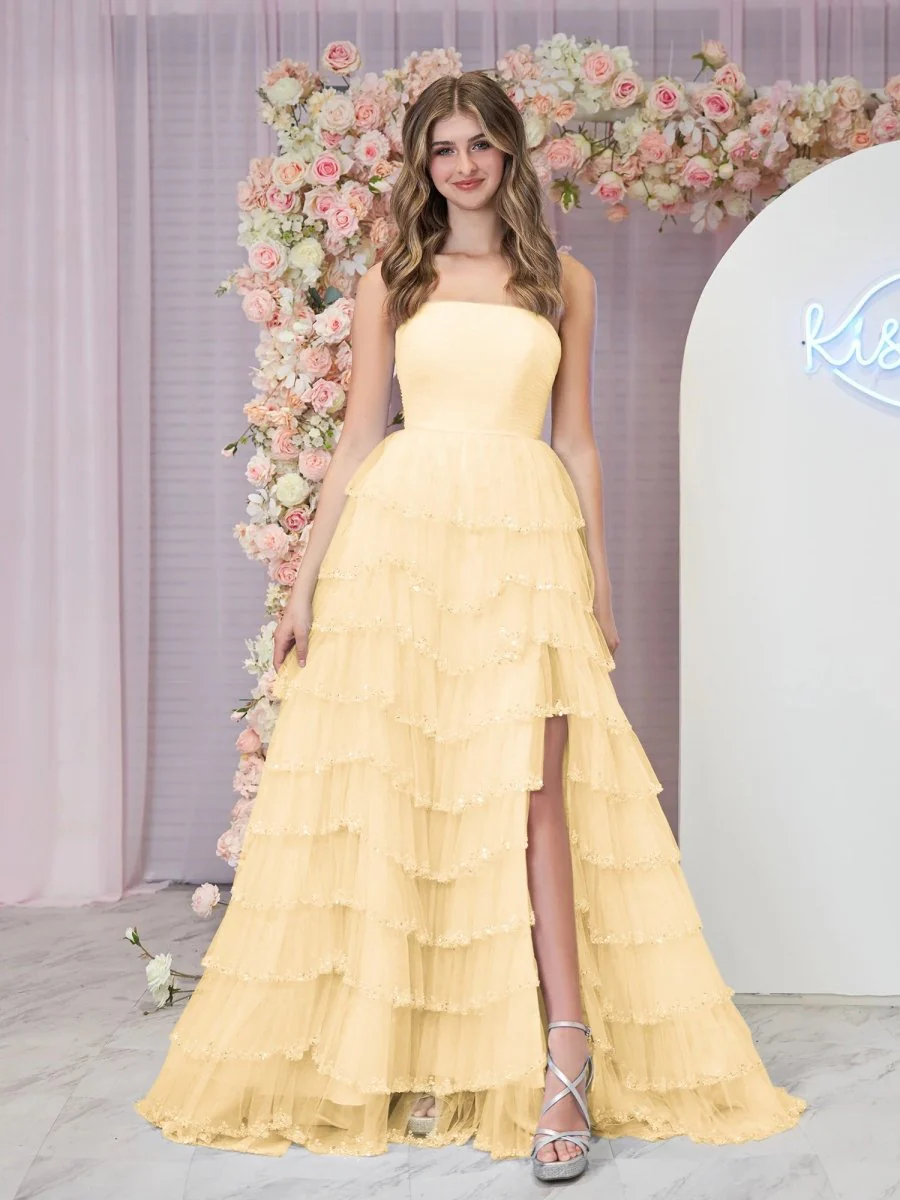 Sky Blue Strapless Layered Tulle Prom Dress with Sequins