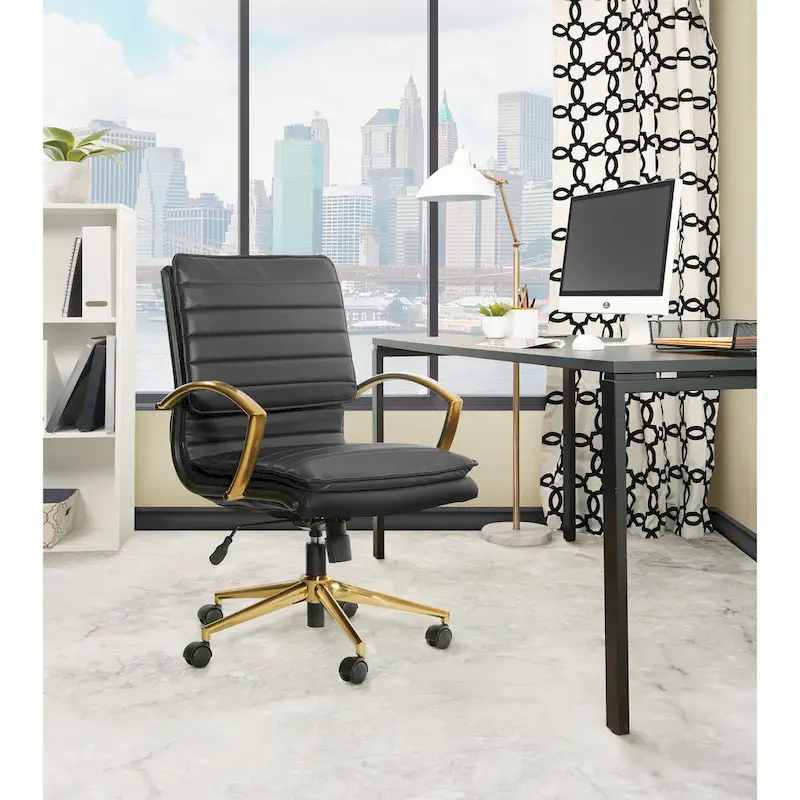Mid-Back Faux Leather Office Chair with Gold Base