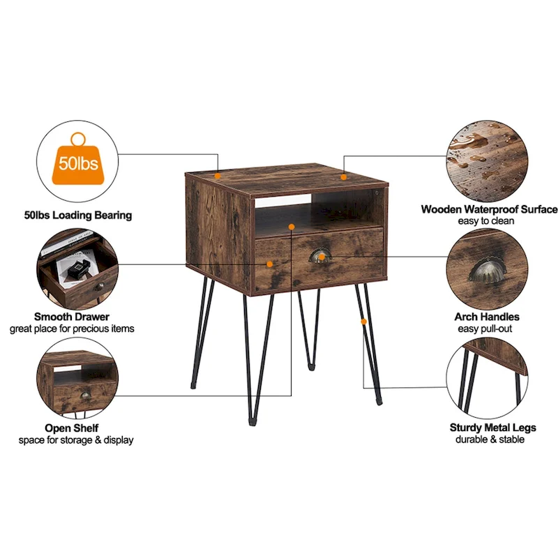 Modern Mid Century 1-Drawer Hairpin Nightstands, Brown/Blue/Black/Yellow, Four Options