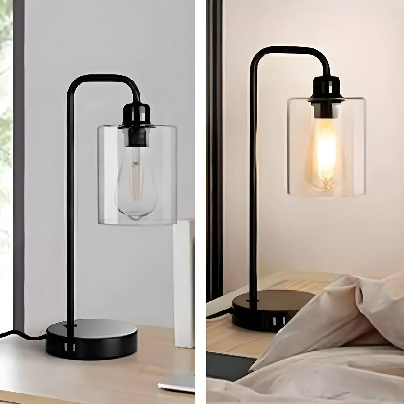 Simple Black Metal Glass Barrel Table Lamp with Touch Switch