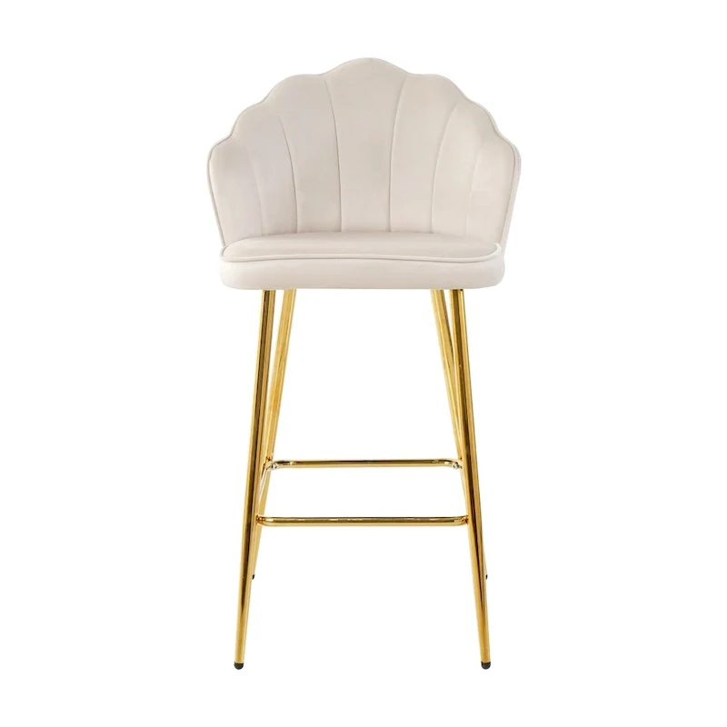 Velvet Shell Bar Stools Set of 2, Counter Height Chairs with Metal Legs, Upholstered Kitchen Island Chairs with Footres