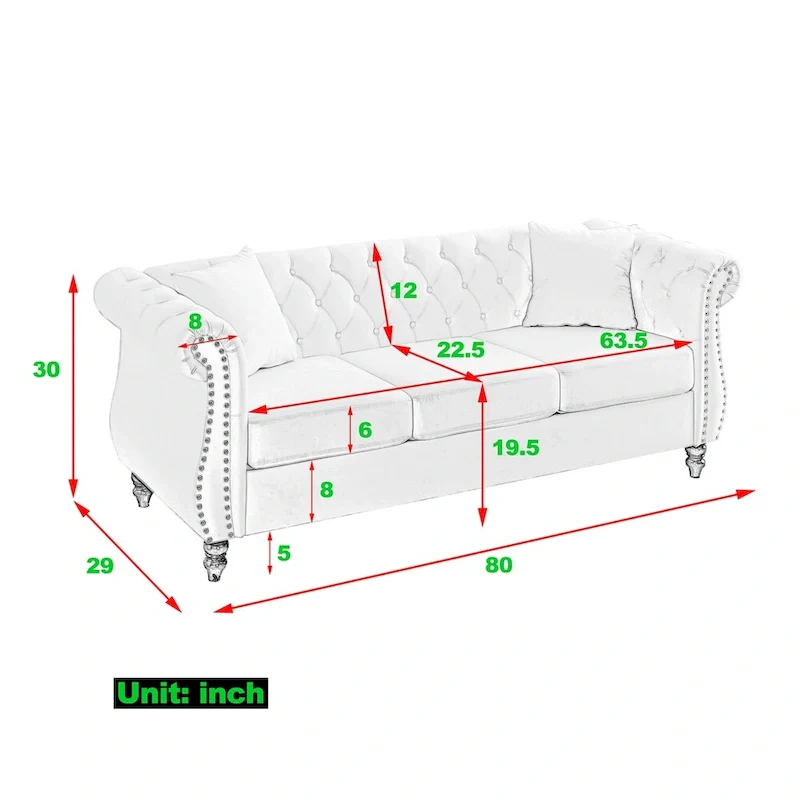 80 3 Seater Velvet Sofa with Rolled Arms and Two Pillows