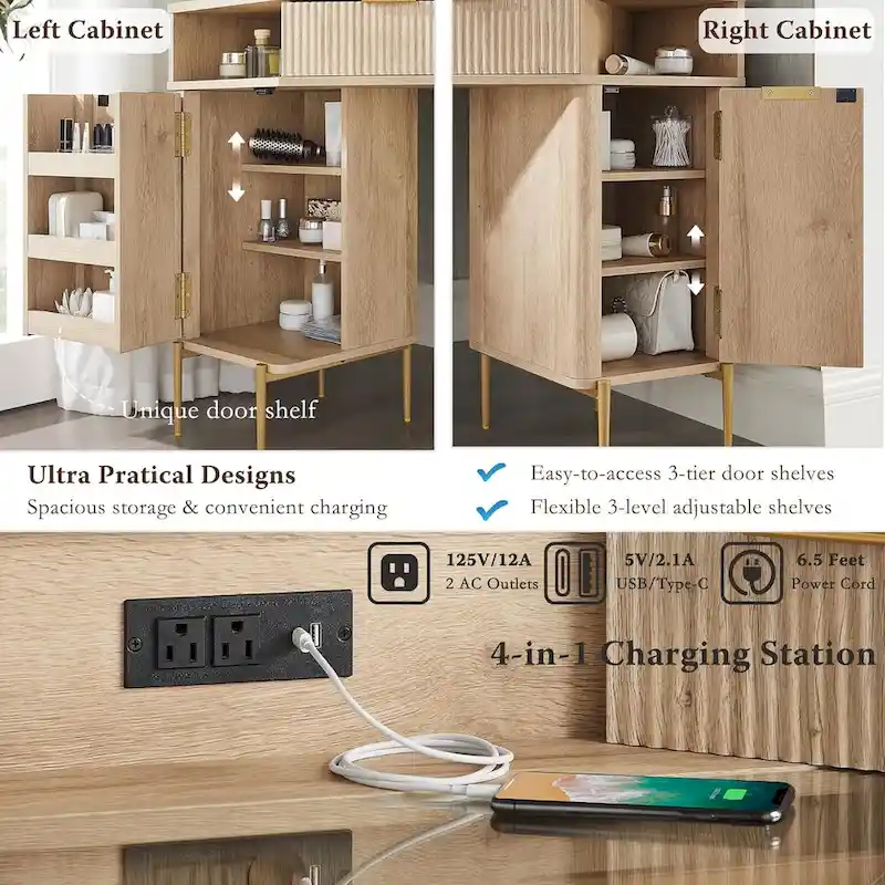 Modern Fluted Makeup Vanity Desk with 3 Way Mirror&Light, Vanity Table