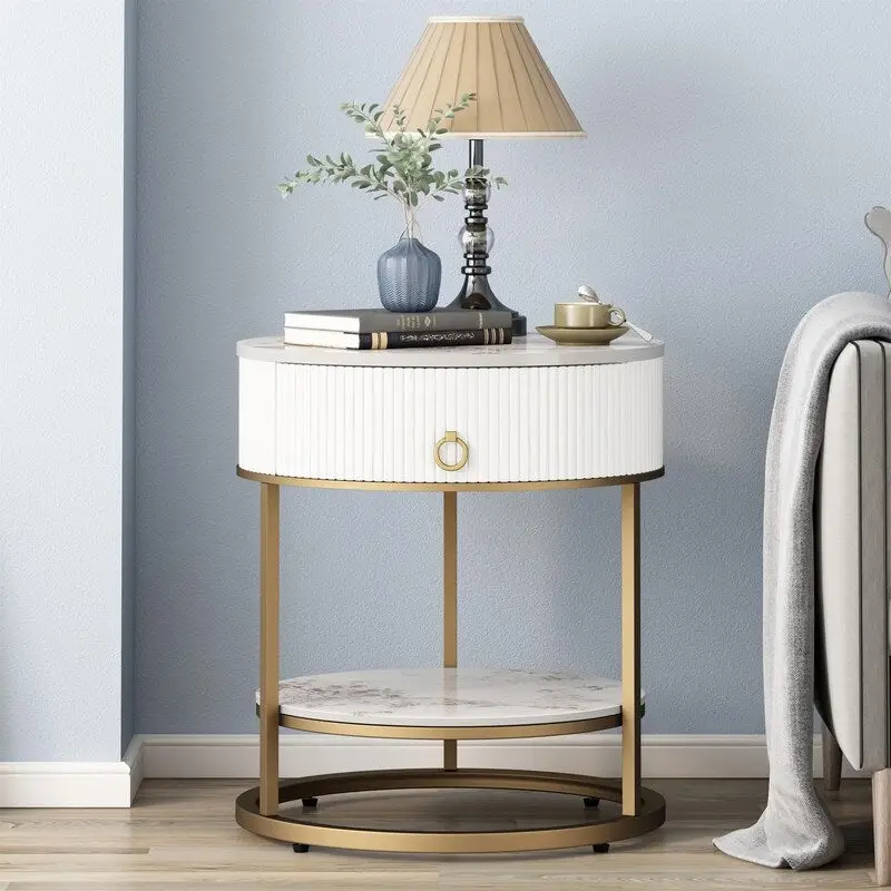 Gold Metal Leg Round Marble Top Side Table with Drawer and Open Shelf – 19.69 in