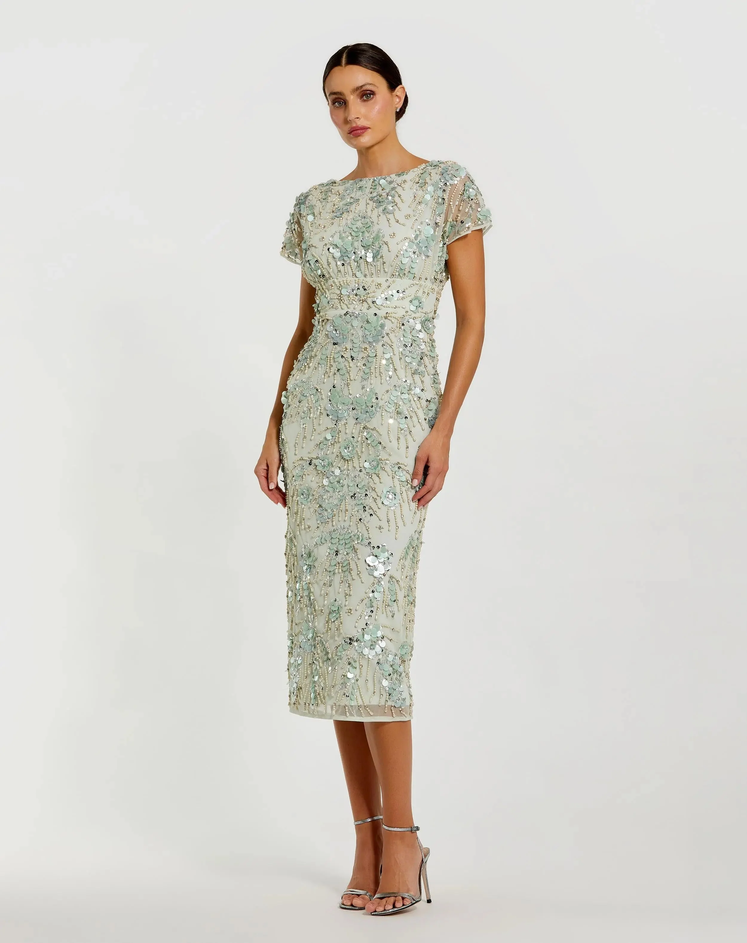 Green Embellished Mesh Fitted Cap Sleeve Cocktail Dress