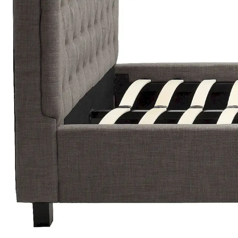 Rue Low Profile Queen Bed, Button Tufted Uphosltered Rolled Back, Gray