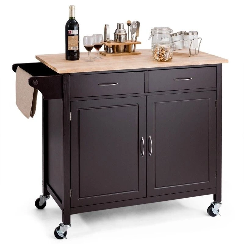 Brown Kitchen Island Storage Cart with Wood Top and Casters - 43 x 19.5 x 35.5 (L x W x H)