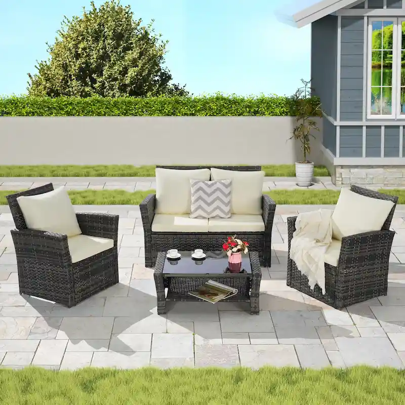 4-Piece Rattan Conversation Sofa Set with Glass Table