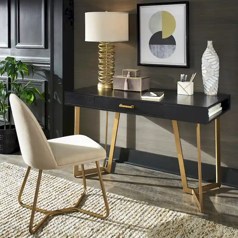 Black Finish Writing Desk with Gold Metal Base