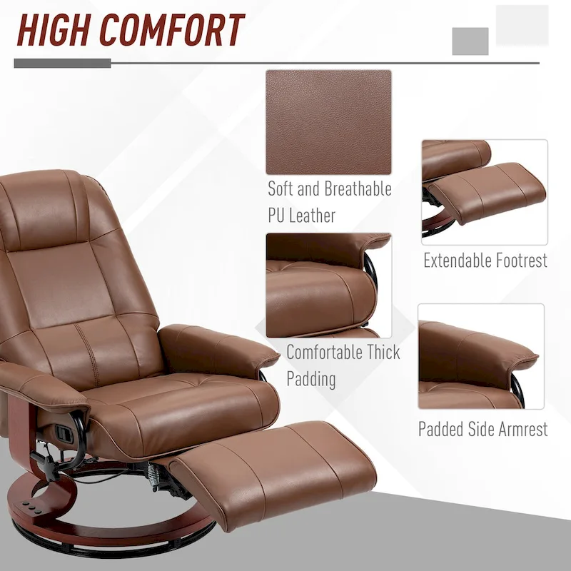 Faux Leather Manual Swivel Recliner Chair with Footrest, Armrest and Wrapped Wood Base