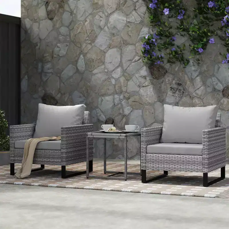 Outsunny 3 Pieces Patio Furniture Set, Wicker Bistro Set with 4 Cushions, Rattan Chairs and Glass Coffee Table for Backyard, Porch, Balcony, Gray