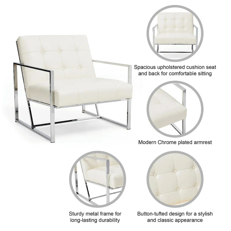 30.50H Cream Mid-Century PU Leather Tufted Accent Chair with Chrome Plated Frame