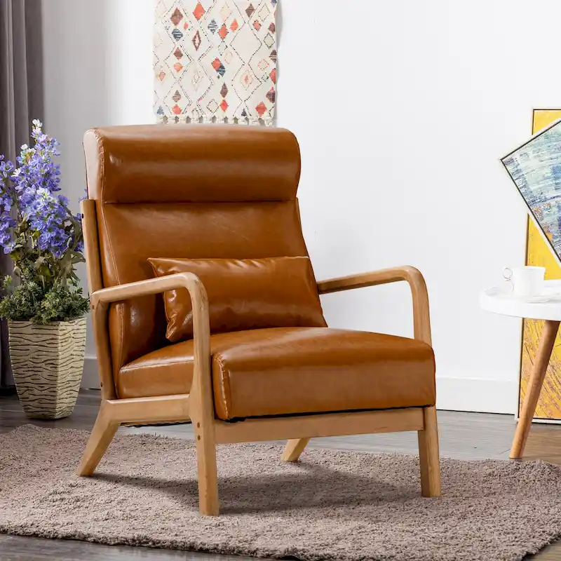 White / Green / Brown Linen Accent Chair with Wooden Legs, 1-Seat, Includes Pillow