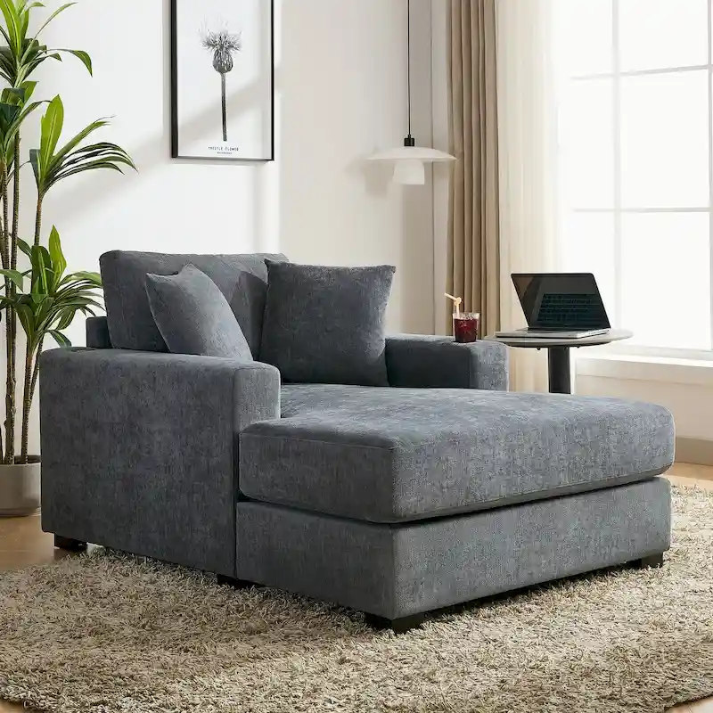 43.5 Chenille Fabric Chaise Lounger Sofa Couch with Pillows, Charge Station & Cup Holders