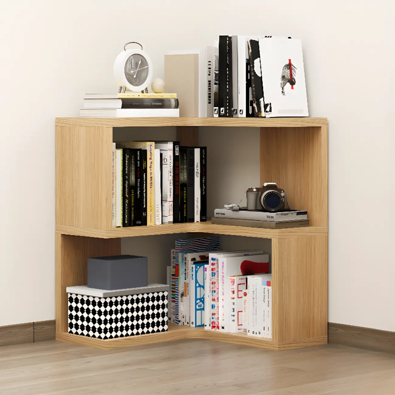 Modern White L-shaped Open Back Wooden Corner Bookcase