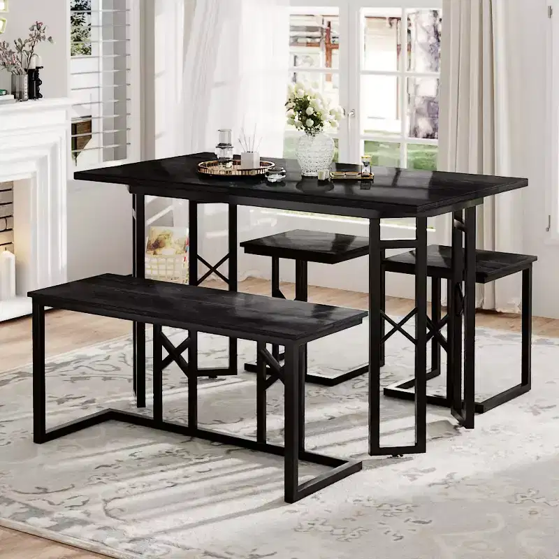 VECELO Farmhouse Room Sets for 4 with 3 Benches Wicker-Knot Cushions, Table for Home Kitchen Dining, 43.3 in