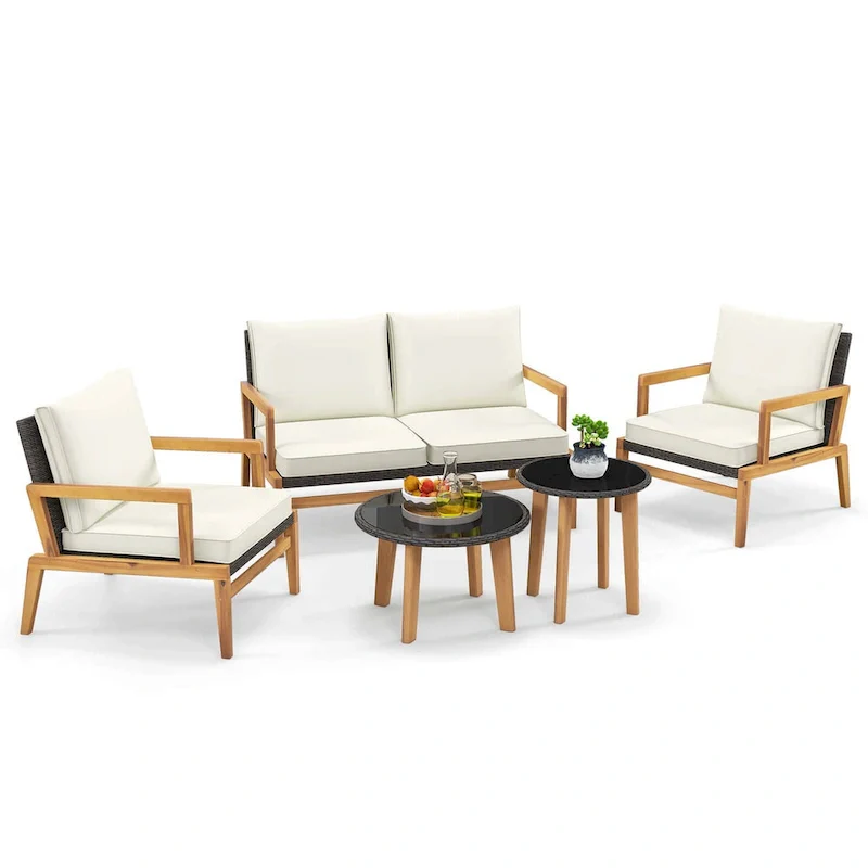 Costway 5 Piece Rattan Furniture Set Wicker Woven Sofa Set with Solid - See Details