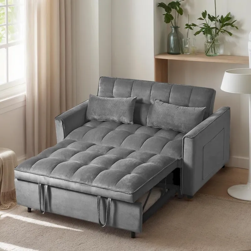 Velvet Futon Sofa Bed – Dark Gray / Light Gray / Blue / Black – 2-Person