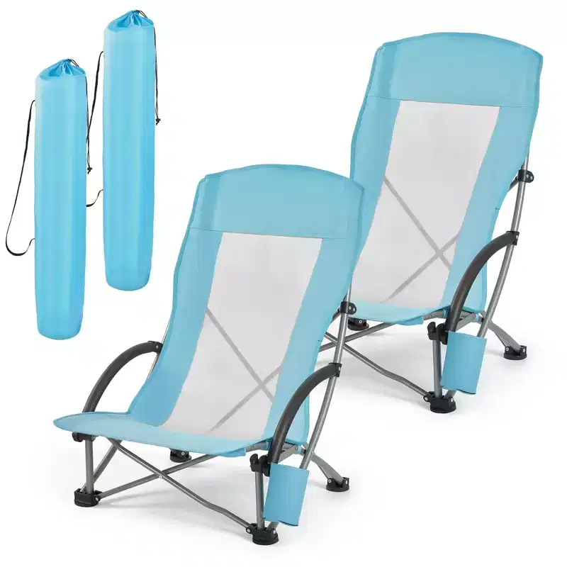 VEVOR Folding Beach Chair, High Back Camping Chairs for Adults, with Cup Pocket, Mesh Back, Carry Bag,Extra Wide Seat Chair 330 lbs, 2 Pack,Light Blue