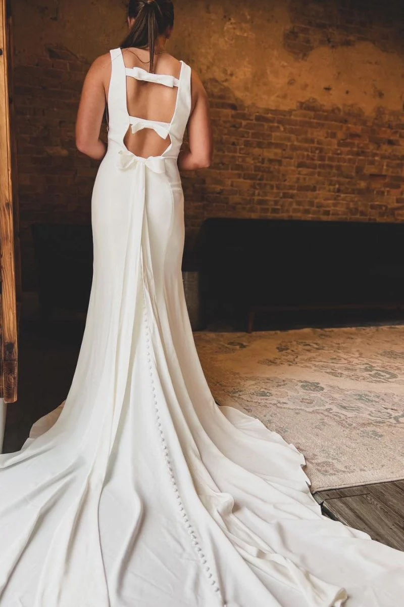 White Satin Bateau Open Back Mermaid  Long Wedding Dress