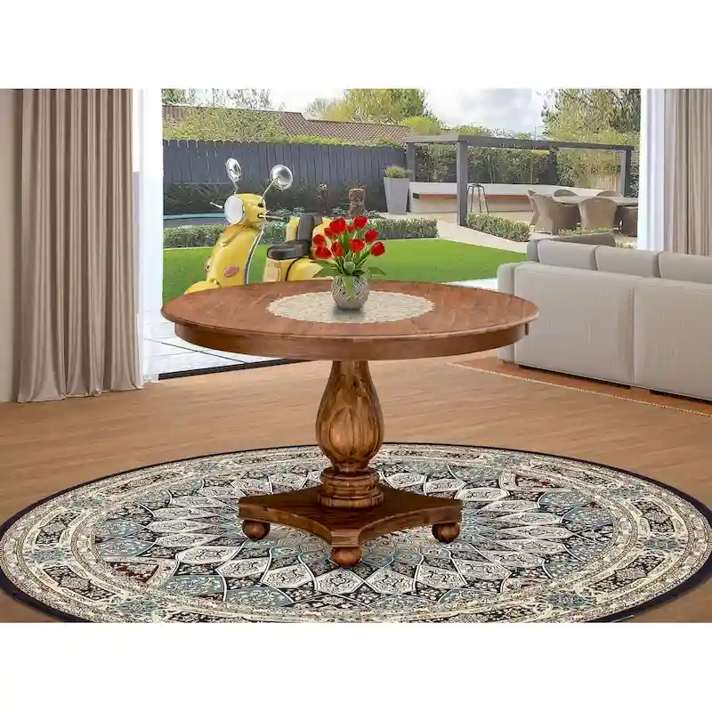 Distressed Jacobean / Antique Walnut Round Pedestal Dining Table – Seats up to 6