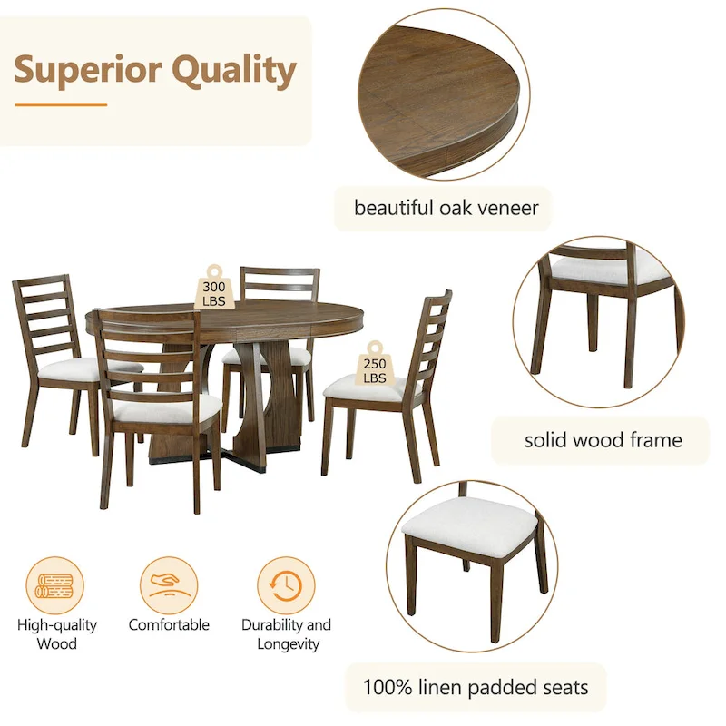5-Piece Rustic Functional Dining Set, 1 Extendable Table with a 16-inch Leaf and 4 Upholstered Chairs