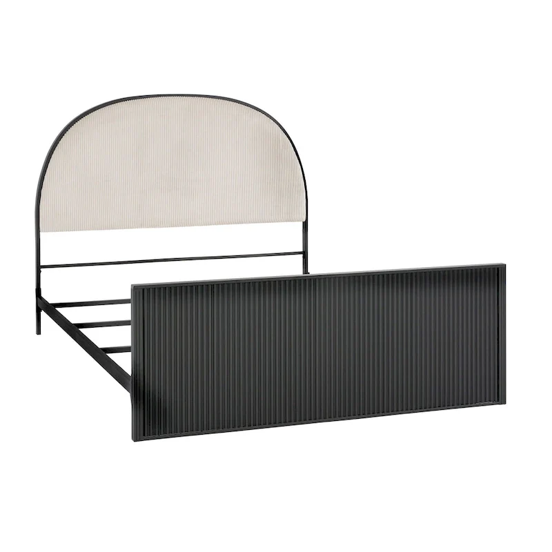 Black Metal Gray Fabric Queen Bed