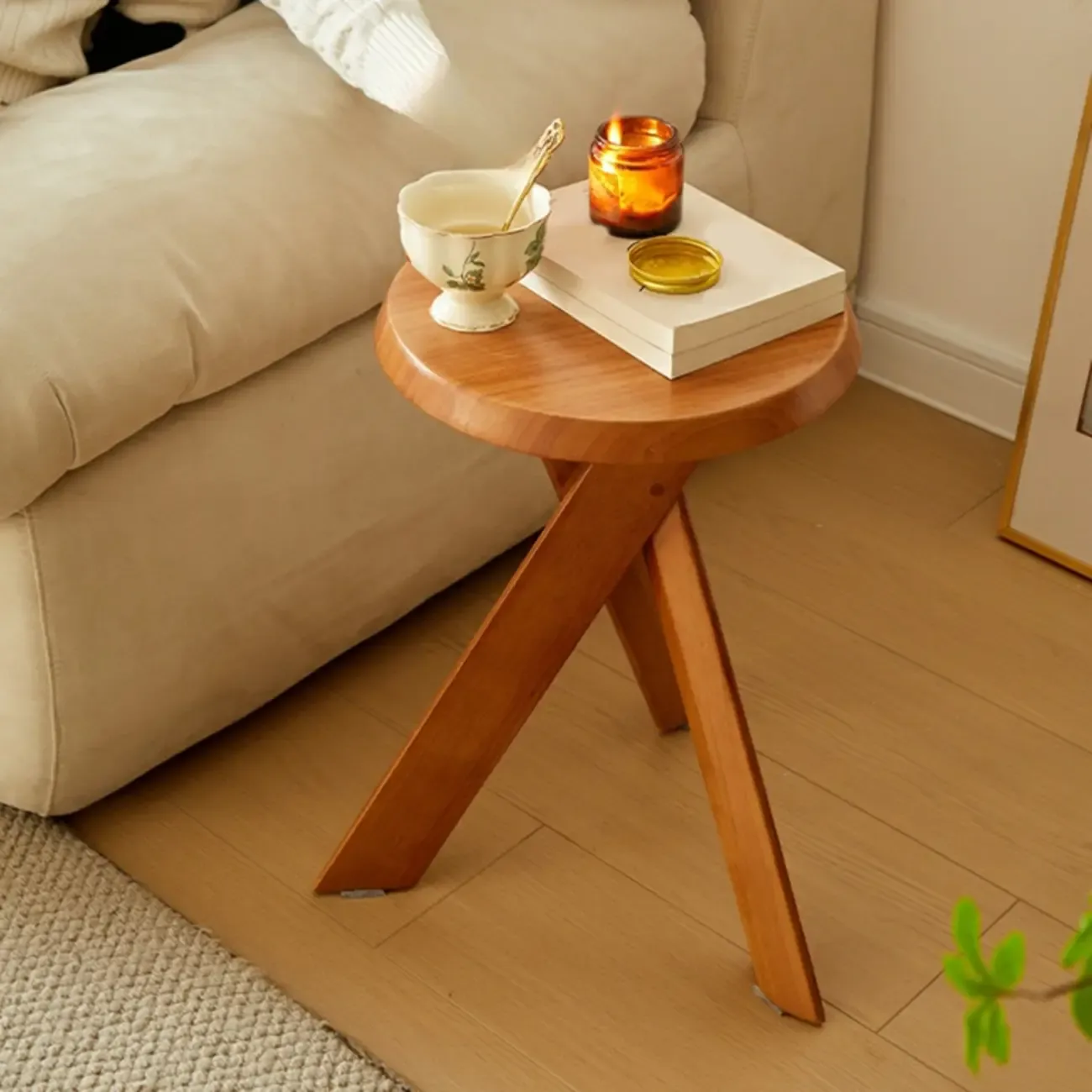 Modern Round Wood Side Table with Cross Legs