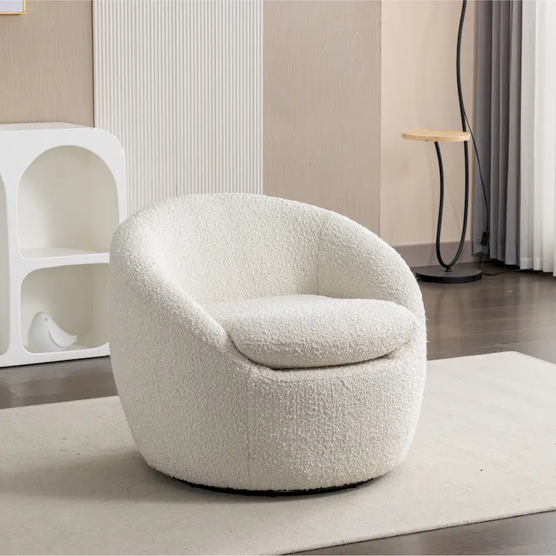 Round Barrel Accent Chair with 360° Swivel Base – Boucle Fabric