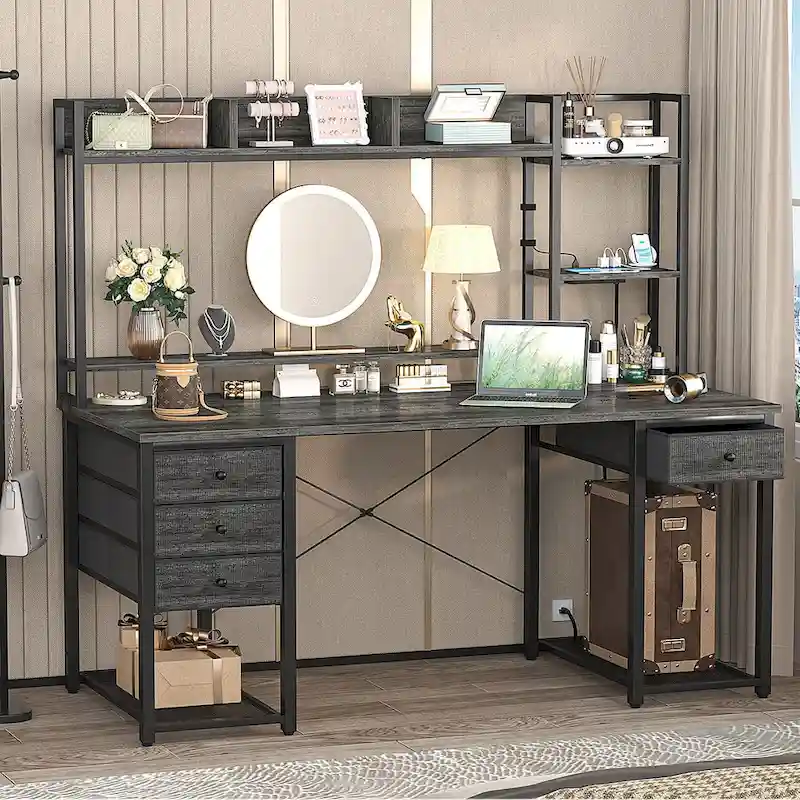 Gaming Desk with Hutch and Drawers, Office Computer Desk with Charge Station and LED Light