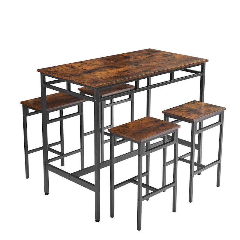 Rustic Style 5-Piece Dining Set with Rectangular Table and 4 High Stools Dining Chairs