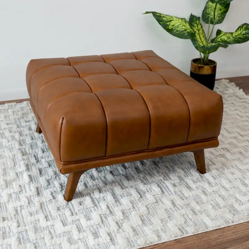 Tan Leather Tufted Ottoman, Large, 1-Person