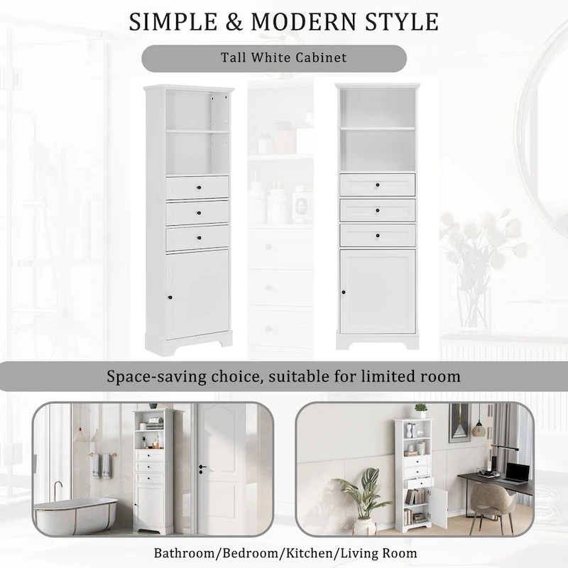 10 in. W x 22 in. D x 68.3 in. H White MDF Linen Cabinet with 3 Drawers and Adjustable Shelves