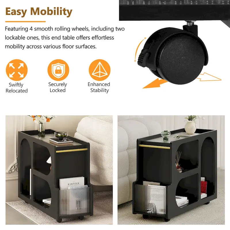 31.5  Modern Mobile End Table with 5mm Thick Fluted Tempered Glass, Lockable Wheels and Golden Round Rod