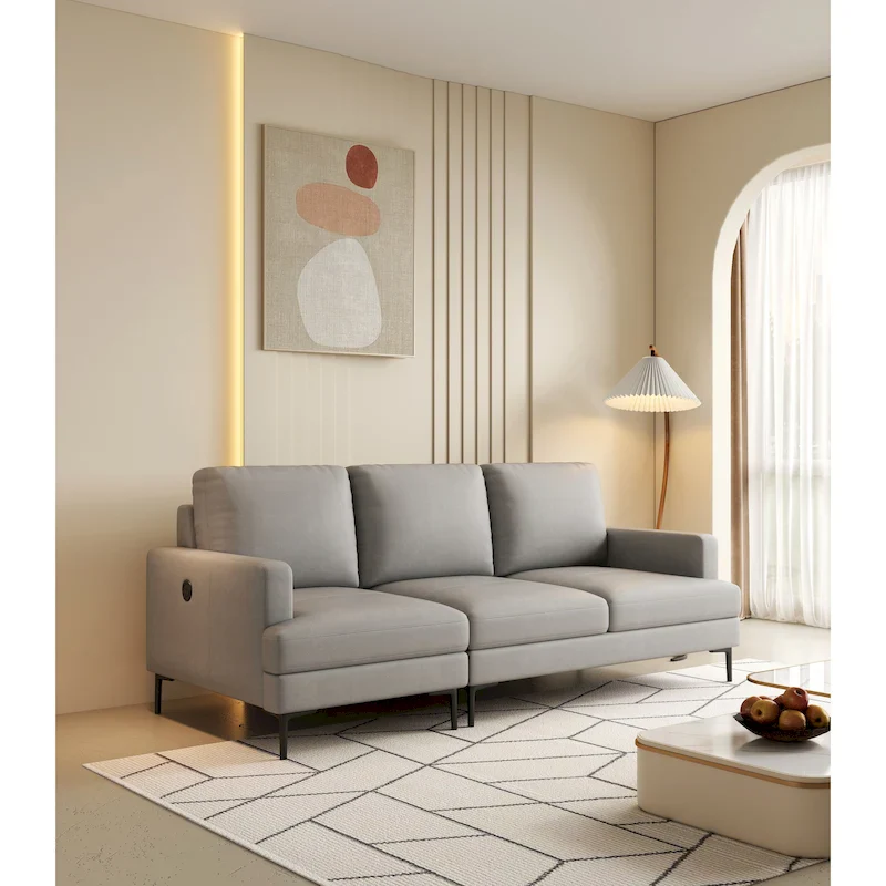 3-Seat Genuine Top-Grain Leather Sofa, Black Metal Legs, USB Charger on Armrests, Light Gray, 3-Person Use