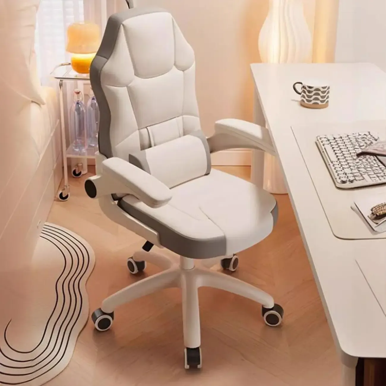 Modern Grey White Leather Adjustable Swivel Office Chair