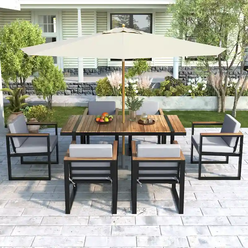 7 Pcs Outdoor Acacia Wood Dining and Chair Set, Wood Dining Table with Umbrella Hole, Chair with Removable Cushions