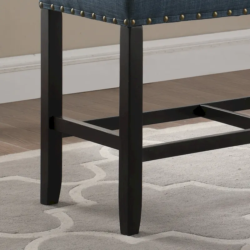 Blue Fabric Pub-Height Dining Bench with Nailhead Trim